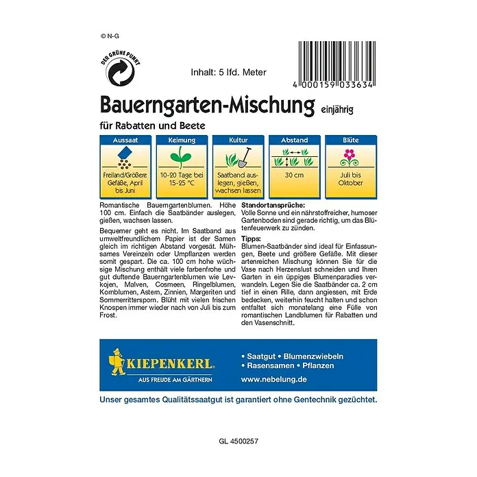 Kiepenkerl Profi-Line Blumensamen Bauerngarten Saatband - Verschiedene Sorten, Mehrfarbig - Rückansicht