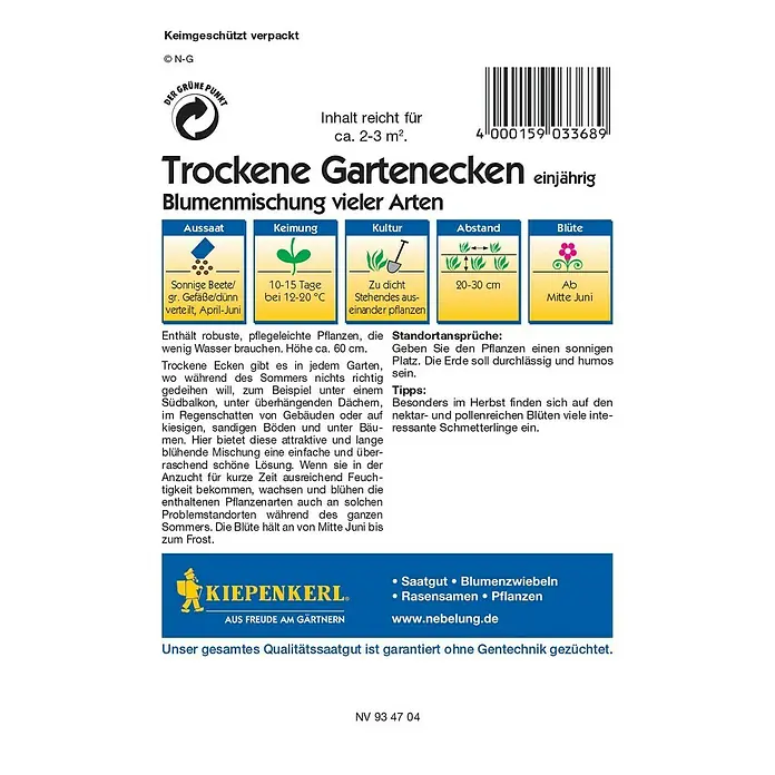 Kiepenkerl Profi-Line Blumensamen Trockene Gartenecken - Verschiedene Sorten, Mehrfarbig, 2 m² - 3 m² - Rückansicht
