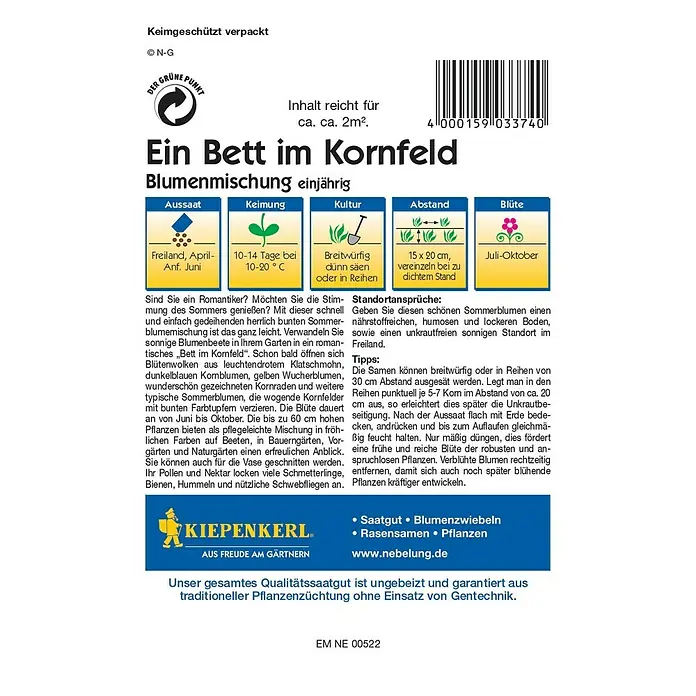 Blumensamenmischung Ein Bett im Kornfeld - Verschiedene Sorten, Mehrfarbig, 2 m² - Rückansicht