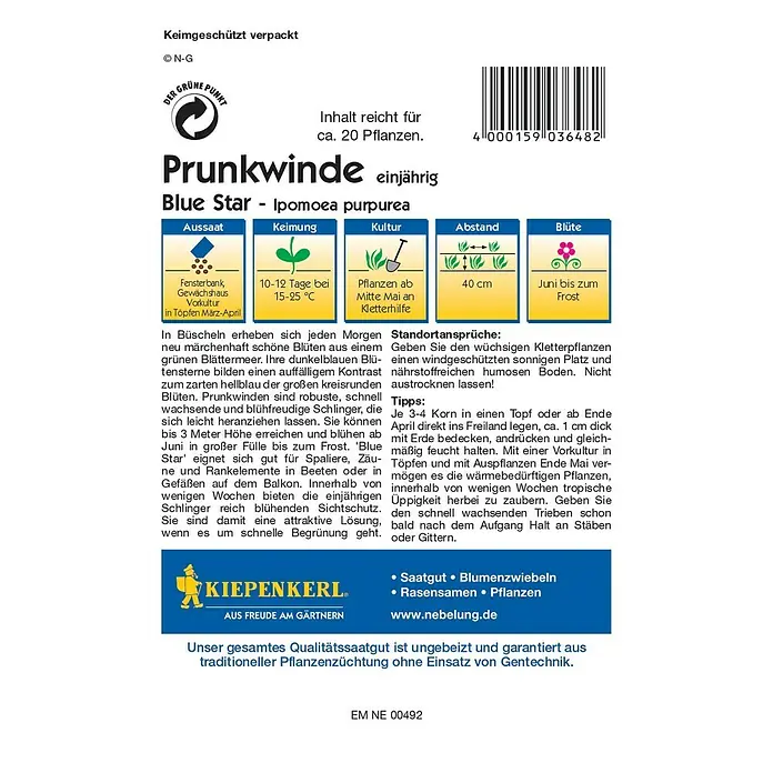 Kiepenkerl Profi-Line Blumensamen Prunkwinde - Ipomoea purpurea, Blue Star, Blütezeit: Juni - Rückansicht