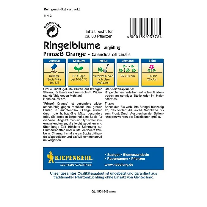 Kiepenkerl Profi-Line Blumensamen Ringelblume - Calendula officinalis, Prinzeß Orange, Blütezeit: Juni - Rückansicht