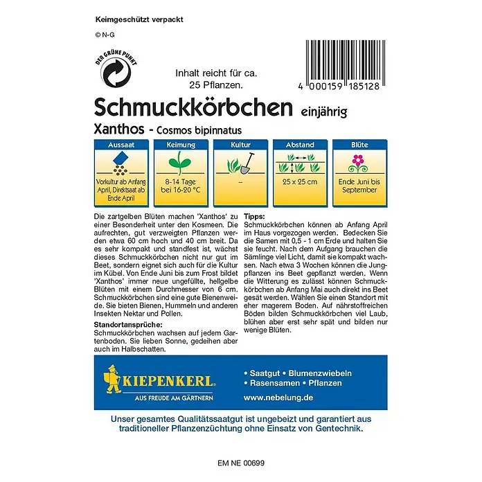 Kiepenkerl Blumensamen Schmuckkörbchen - Cosmos bipinnatus, Xanthos, Blütezeit: Juni - Rückansicht