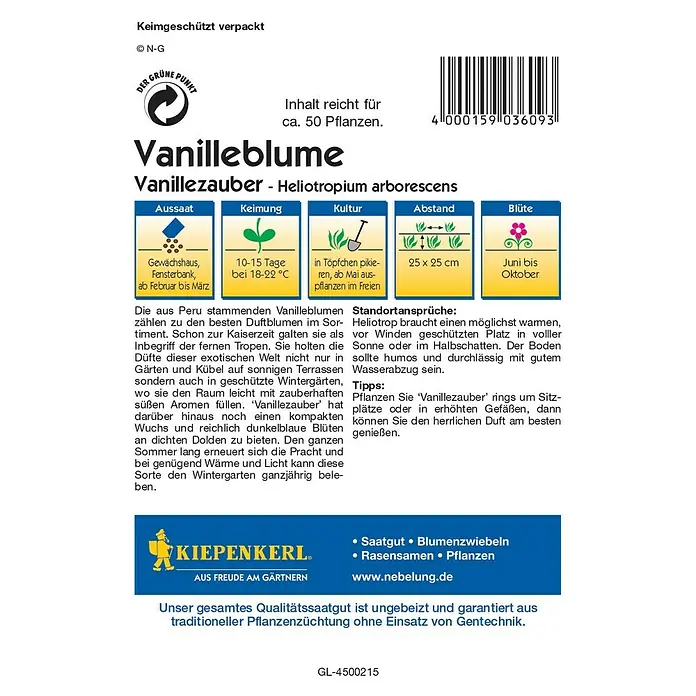 Kiepenkerl Profi-Line Blumensamen Vanilleblume - Heliotropium arborescens, Lila - Rückansicht