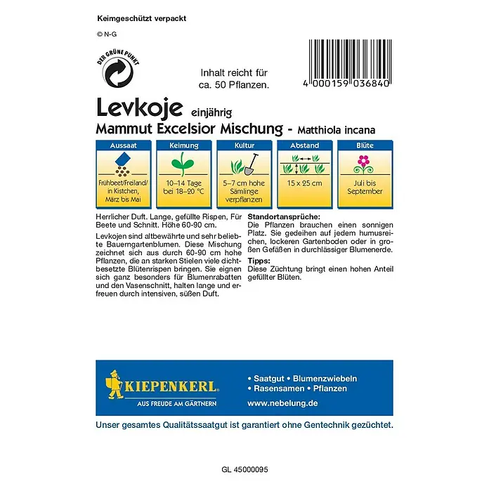 Kiepenkerl Blumensamen Levkoje - Matthiola incana, Mehrfarbig - Rückansicht