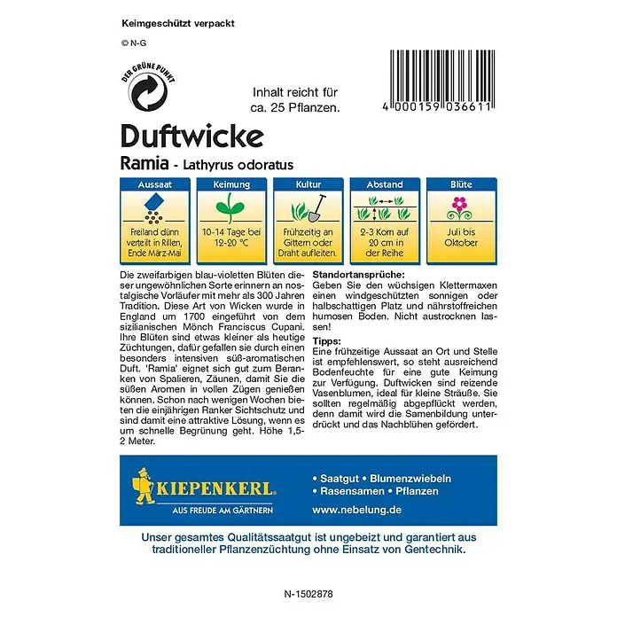 Kiepenkerl Profi-Line Blumensamen Duftwicke - Lathyrus odoratus, Ramia, Blütezeit: Juli - Rückansicht