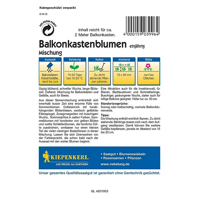 Kiepenkerl Profi-Line Blumensamen Balkonkastenmischung - Verschiedene Sorten, Mehrfarbig - Rückansicht