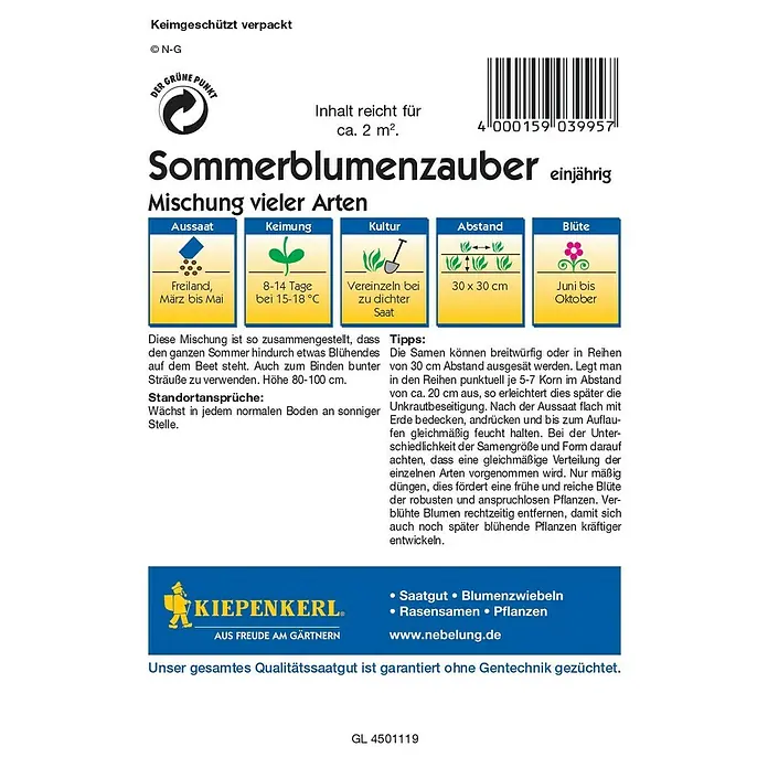 Kiepenkerl Blumensamen Sommerblumenzauber - Verschiedene Sorten, Mehrfarbig, 2 m² - Rückansicht