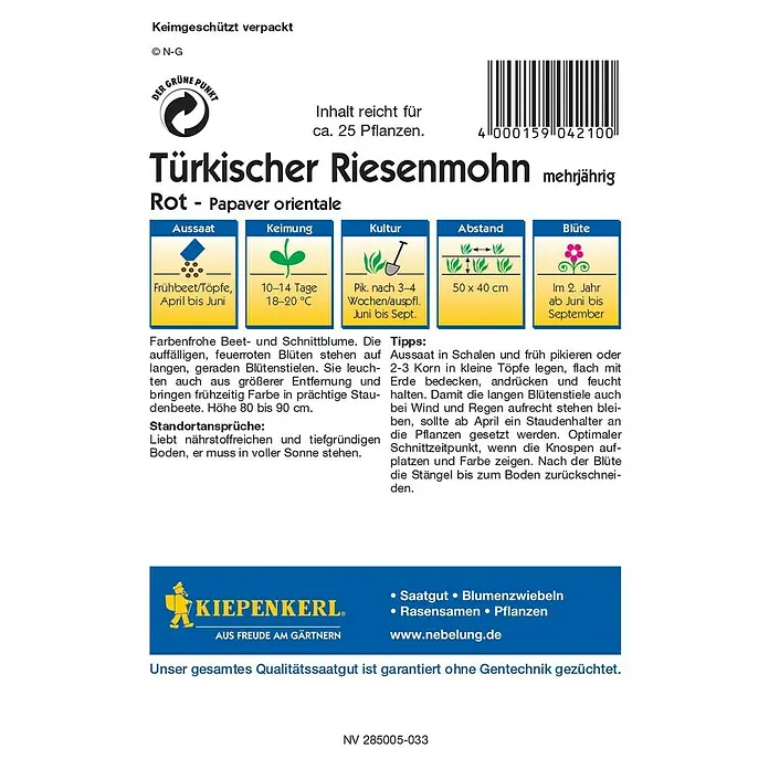 Kiepenkerl Profi-Line Blumensamen Türkischer Riesemohn - Papaver orientale, Rot - Rückansicht