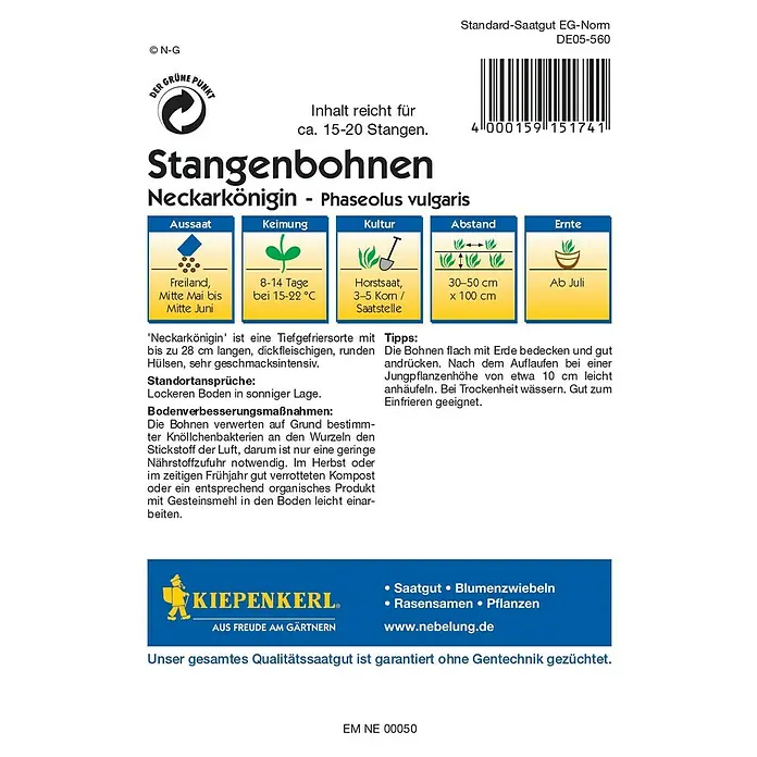 Kiepenkerl Gemüsesamen Stangenbohne - Neckarkönigin, Phaseolus vulgaris var. vulgaris, Erntezeit: Juli - Rückansicht