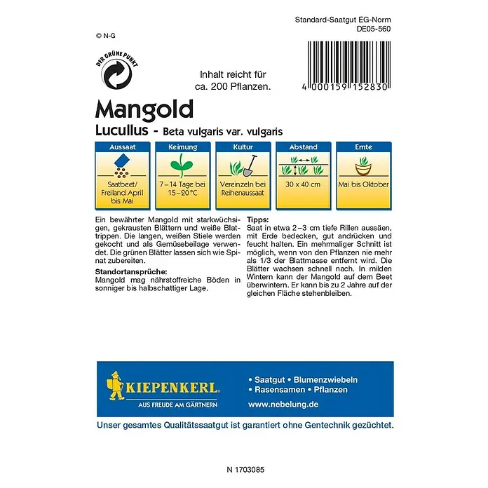 Kiepenkerl Gemüsesamen Mangold Lukullus - Beta vulgaris var. vulgaris, Erntezeit: Mai, 15 g - Rückansicht