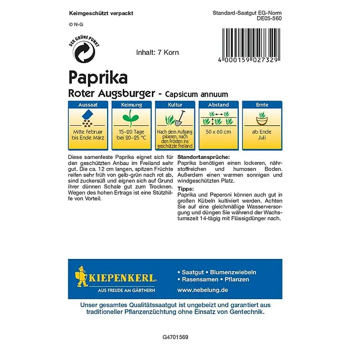 Kiepenkerl Profi-Line Gemüsesamen Spitzpaprika - Roter Augsburger, Capsicum annuum, Erntezeit: Juli - Rückansicht