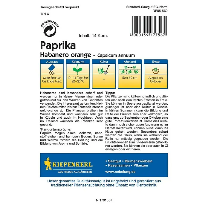 Kiepenkerl Profi-Line Gemüsesamen Chili - Capsicum chinense, Erntezeit: August - Rückansicht