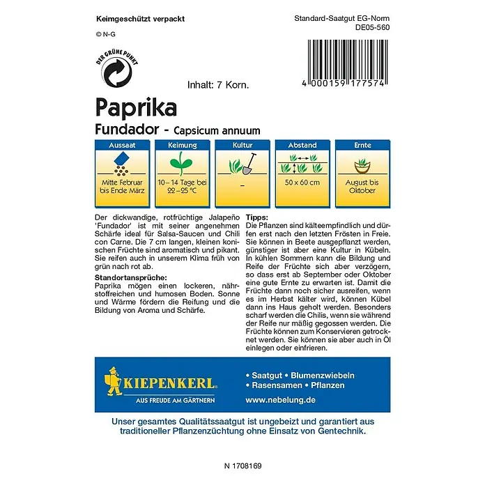 Kiepenkerl Profi-Line Gemüsesamen Jalapeño Fundador - Capsicum annuum, Erntezeit: August - Rückansicht