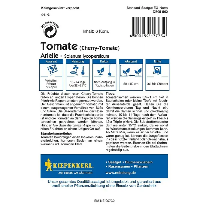 Kiepenkerl Profi-Line Gemüsesamen Tomate - Arielle, Solanum lycopersicum, Erntezeit: Juli - Rückansicht