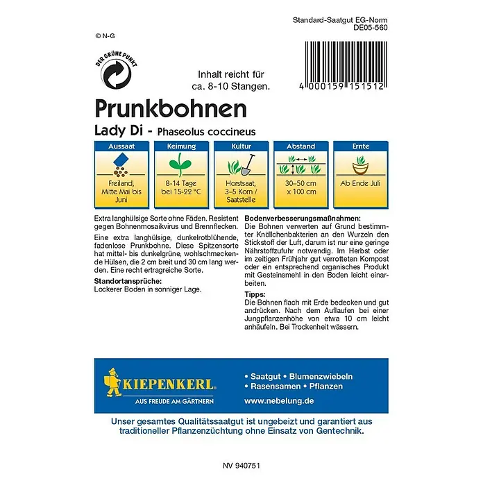 Kiepenkerl Profi-Line Gemüsesamen Prunkbohne - Lady Di, Phaseolus coccineus, Erntezeit: Juli - Rückansicht