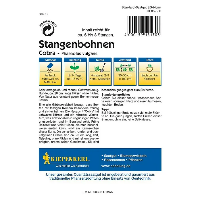 Kiepenkerl Profi-Line Gemüsesamen Stangenbohne - Cobra, Phaseolus vulgaris var. vulgaris, Erntezeit: Juli - Rückansicht