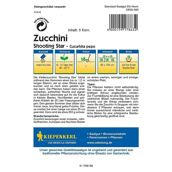 Kiepenkerl Profi-Line Gemüsesamen Zucchini - Shooting Star, Cucurbita pepo, Erntezeit: Juli - Rückansicht