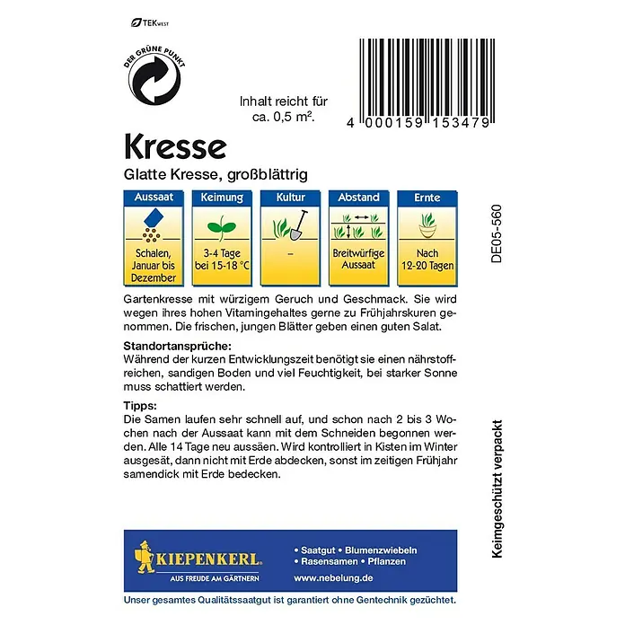 Kiepenkerl Kräutersamen - Lepidium sativum, Glatte Kresse, Erntezeit: Ganzjährig - Rückansicht