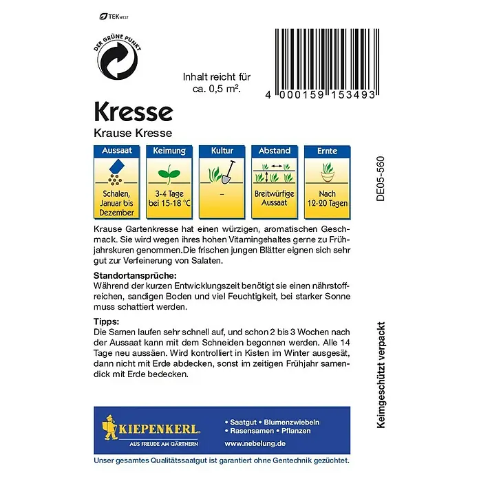 Kiepenkerl Kräutersamen - Lepidium sativum, Krause Kresse, Erntezeit: Ganzjährig - Rückansicht
