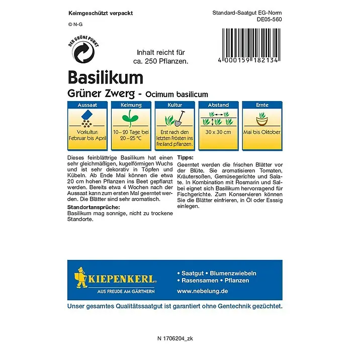 Kiepenkerl Profi-Line Kräutersamen Basilikum - Grüner Zwerg, Ocimum basilicum, Erntezeit: Mai - Rückansicht