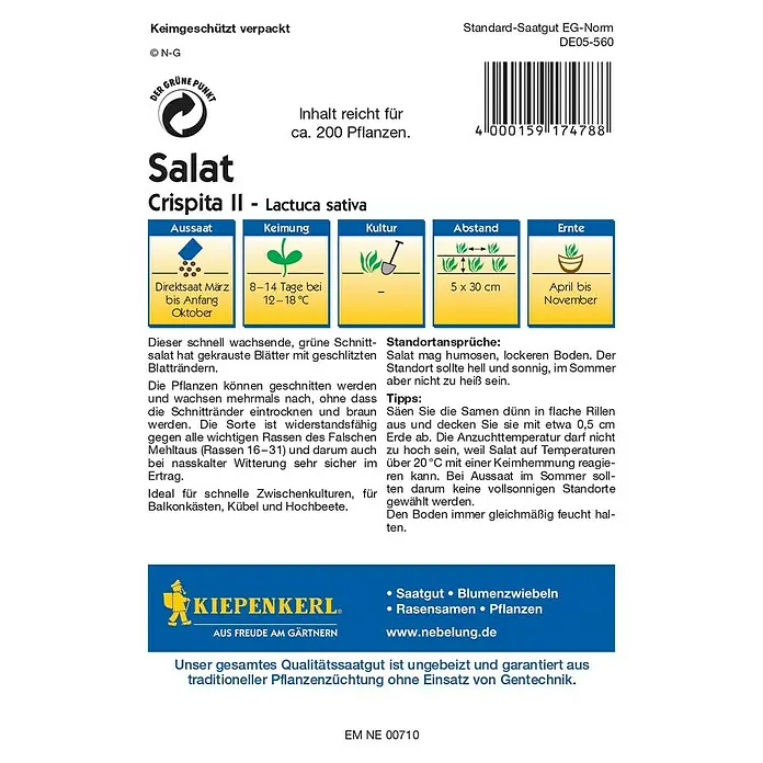 Kiepenkerl Profi-Line Salatsamen Crispita II - Lactuca sativa var. crispa, Erntezeit: April - Rückansicht