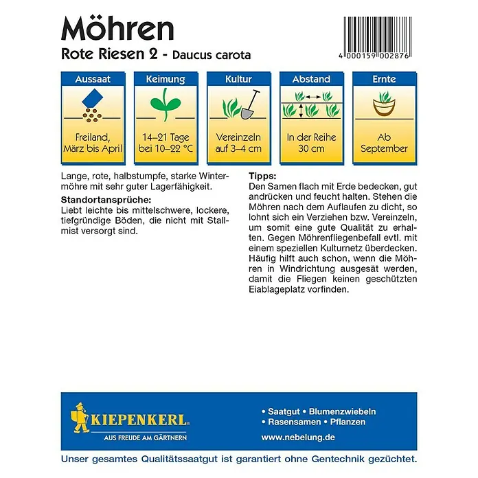 Kiepenkerl Gemüsesamen Möhre Rote Riesen 2 - Daucus carota ssp. sativus, Erntezeit: September - Rückansicht