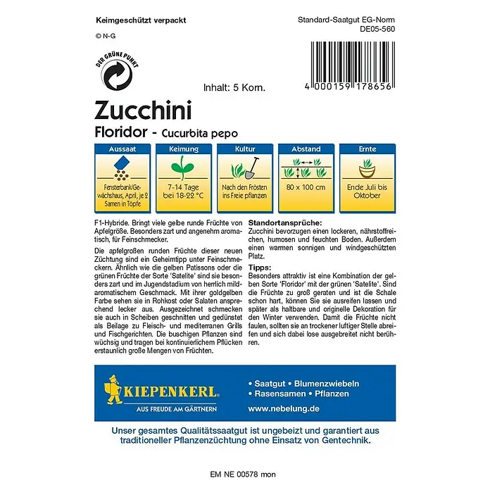 Kiepenkerl Profi-Line Gemüsesamen Zucchini - Floridor, Cucurbita pepo, Erntezeit: Juli - Rückansicht