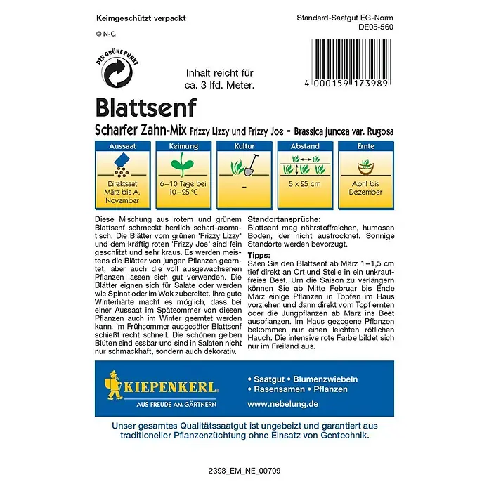 Kiepenkerl Profi-Line Salatsamen Blattsenf Scharfer Zahn - Brassica juncea var. rugosa, Erntezeit: April - Rückansicht