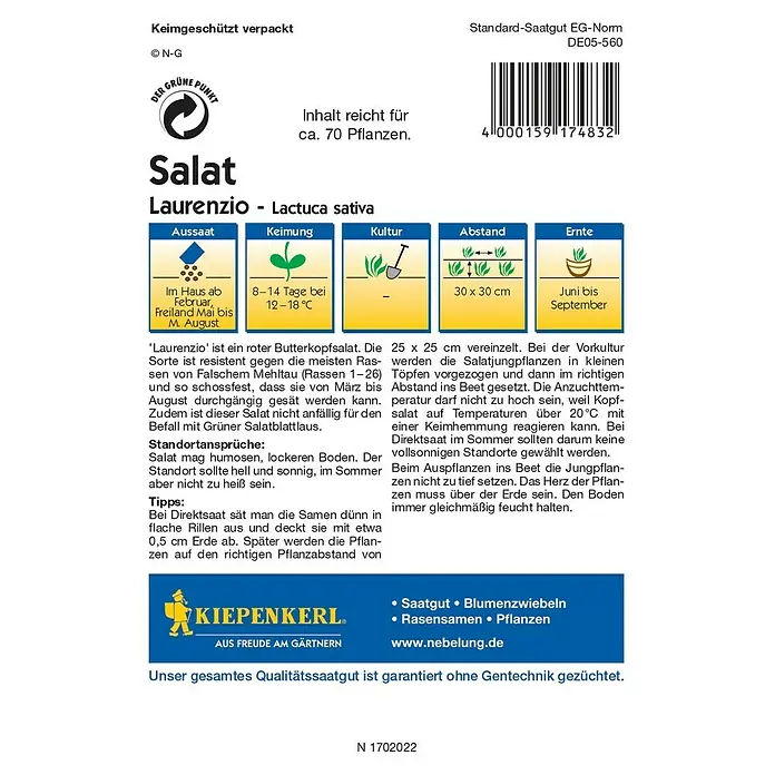 Kiepenkerl Profi-Line Salatsamen Laurenzio - Lactuca sativa var. capitata, Erntezeit: Juni - Rückansicht