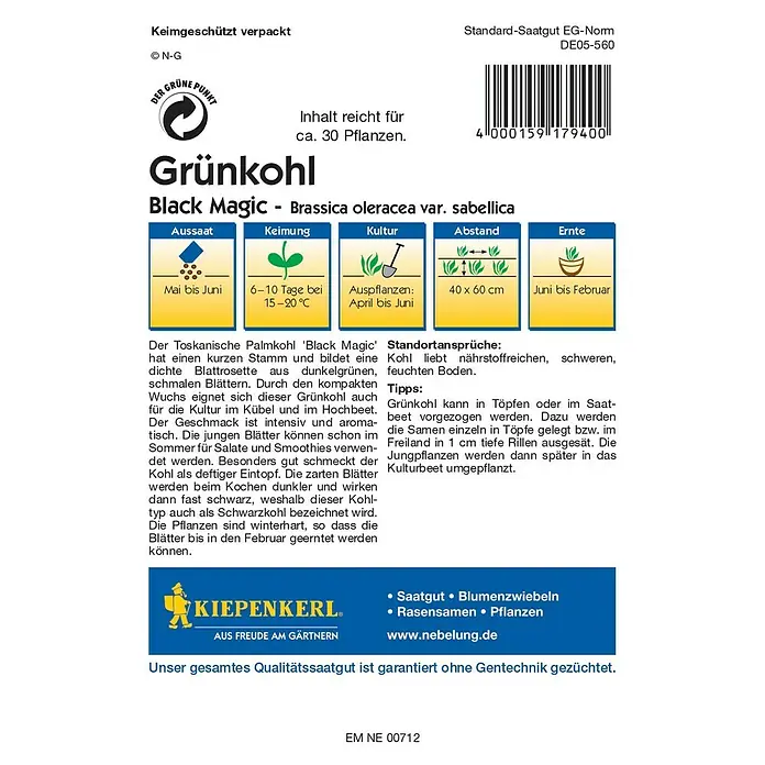 Kiepenkerl Profi-Line Gemüsesamen Grünkohl Black Magic - Brassica oleracea var. sabellica, Erntezeit: Juni - Rückansicht
