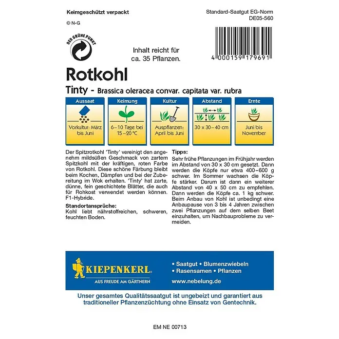 Kiepenkerl Profi-Line Gemüsesamen Rotkohl Tinty - Brassica oleracea var. capitata f. rubra, Erntezeit: Juni - Rückansicht