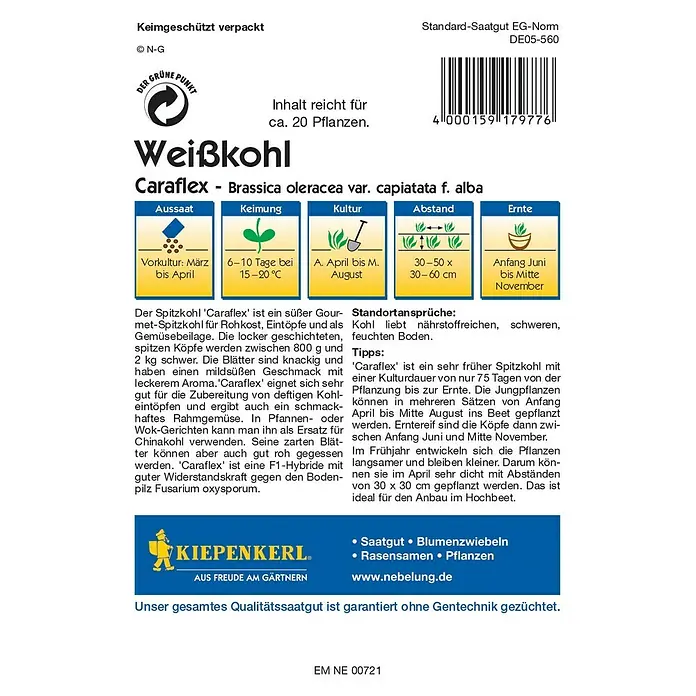 Kiepenkerl Profi-Line Gemüsesamen Spitzkohl Caraflex - Brassica oleracea var. capitata f. alba, Erntezeit: Juni - Rückansicht