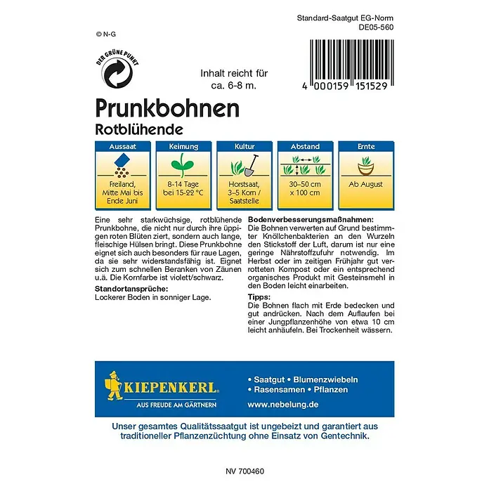 Kiepenkerl Gemüsesamen Prunkbohne Rotblühend - Phaseolus coccineus, Erntezeit: August - Rückansicht