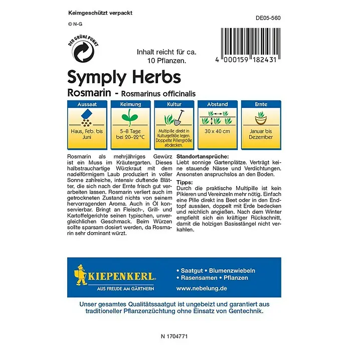 Kiepenkerl Profi-Line Kräutersamen Rosmarin - Simply Herbs, Rosmarinus officinalis, Erntezeit: Ganzjährig - Rückansicht