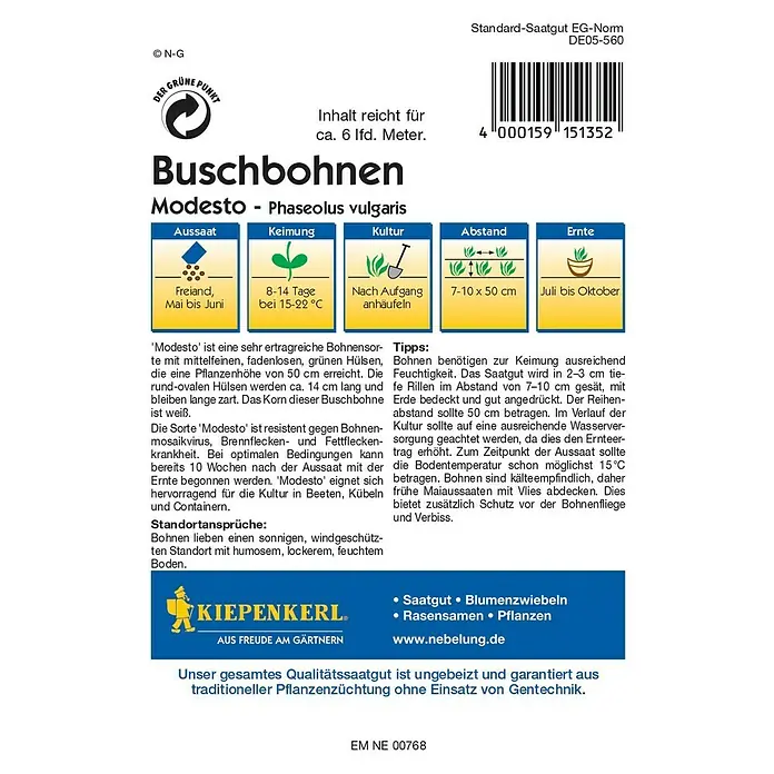Kiepenkerl Gemüsesamen Buschbohne - Modesto, Phaseolus vulgaris, Erntezeit: Juli - Rückansicht