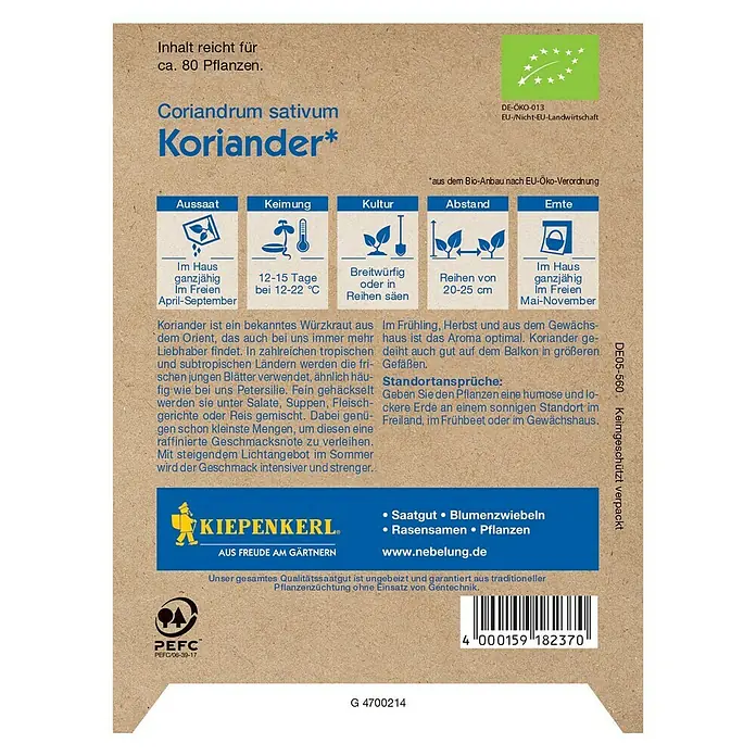 Kiepenkerl Profi-Line Kräutersamen  Bio Koriander - Coriandrum sativum, Saatzeit: April, Erntezeit: Mai - Rückansicht