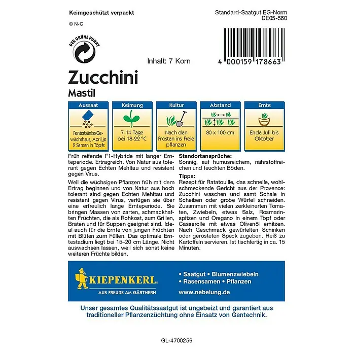 Kiepenkerl Profi-Line Gemüsesamen Zucchini - Mastil, Cucurbita pepo, Erntezeit: Juli - Rückansicht