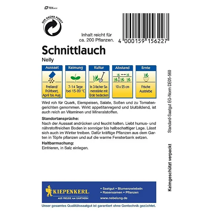 Kiepenkerl Kräutersamen Schnittlauch - Allium schoenoprasum, Saatzeit: April, Erntezeit: Juni - Rückansicht