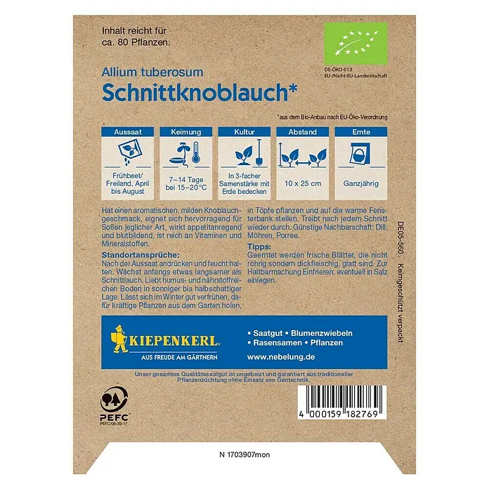 Kiepenkerl Profi-Line Kräutersamen Bio Schnittknoblauch - Allium tuberosum, Saatzeit: April, Erntezeit: Ganzjährig - Rückansicht