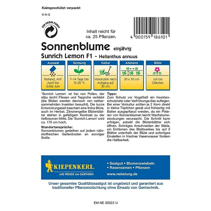 Kiepenkerl Profi-Line Blumensamen Sonnenblume - Helianthus annuus, Sunrich Lemon, Blütezeit: Juli - Rückansicht