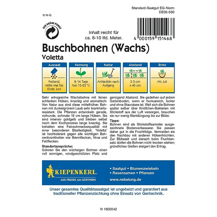 Kiepenkerl Gemüsesamen Buschbohne - Voletta, Phaseolus vulgaris var. nanus, Erntezeit: Juli - Rückansicht