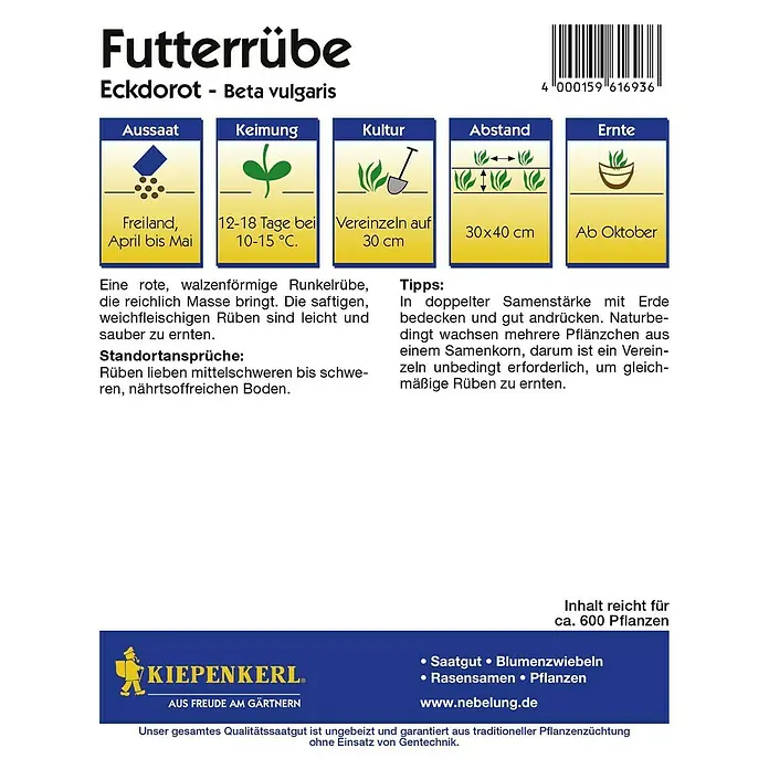 Kiepenkerl Saatgut Futterrübe - Eckdorot, 35 g - Rückansicht
