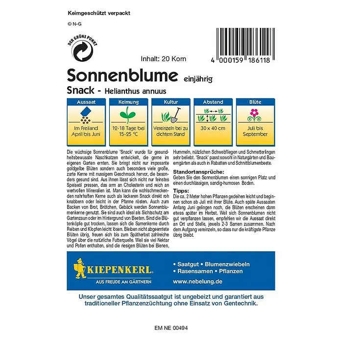 Kiepenkerl Profi-Line Blumensamen Sonnenblume - Helianthus annuus, Snack, Blütezeit: Juli - Rückansicht
