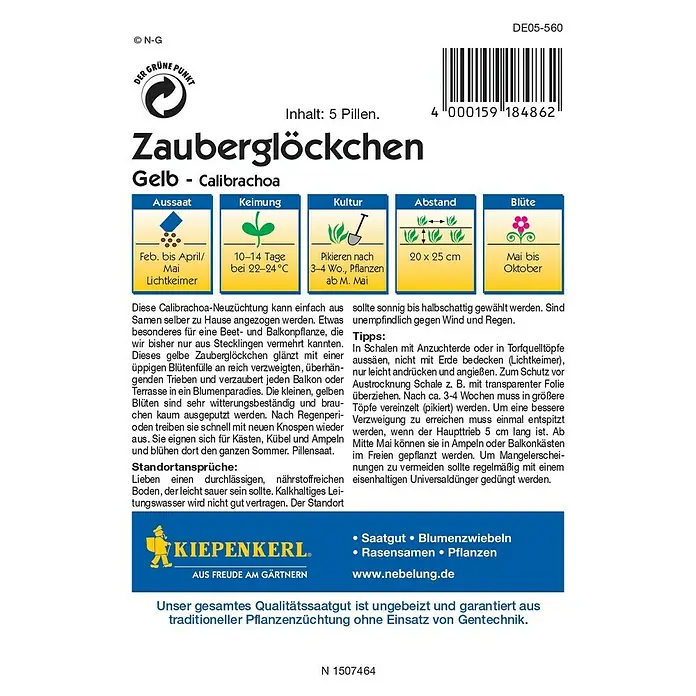 Kiepenkerl Blumensamen Zauberglöckchen - Calibrachoa x hybrida, Gelb - Rückansicht