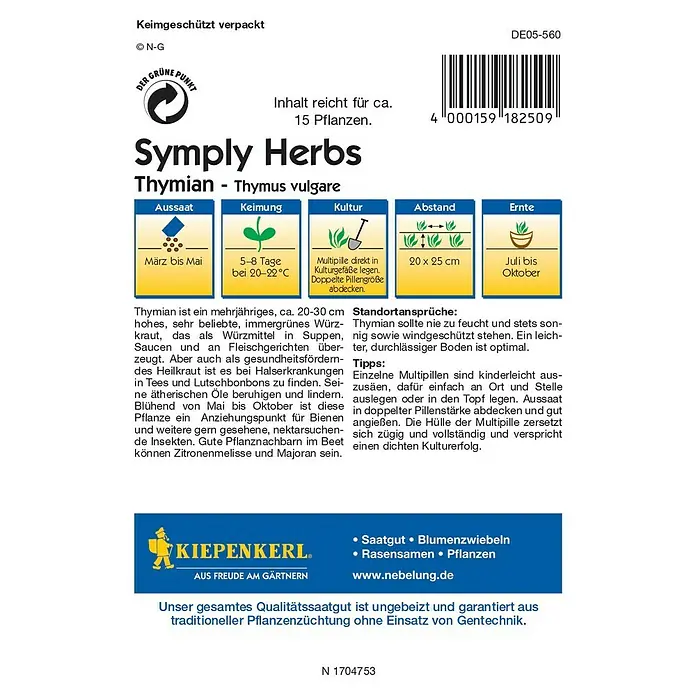 Kiepenkerl Profi-Line Kräutersamen Thymian Simply Herbs - Thymus vulgaris, Saatzeit: März, Erntezeit: Juli - Rückansicht