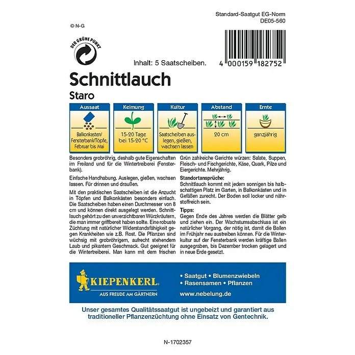 Kiepenkerl Profi-Line Kräutersamen Schnittlauch - Allium schoenoprasum, Erntezeit: Ganzjährig - Rückansicht