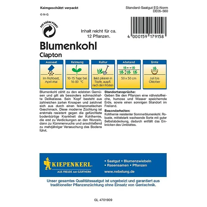 Kiepenkerl Profi-Line Gemüsesamen Blumenkohl - Clapton F1, Brassica oleracea var. botrytis, Erntezeit: Juli - Rückansicht
