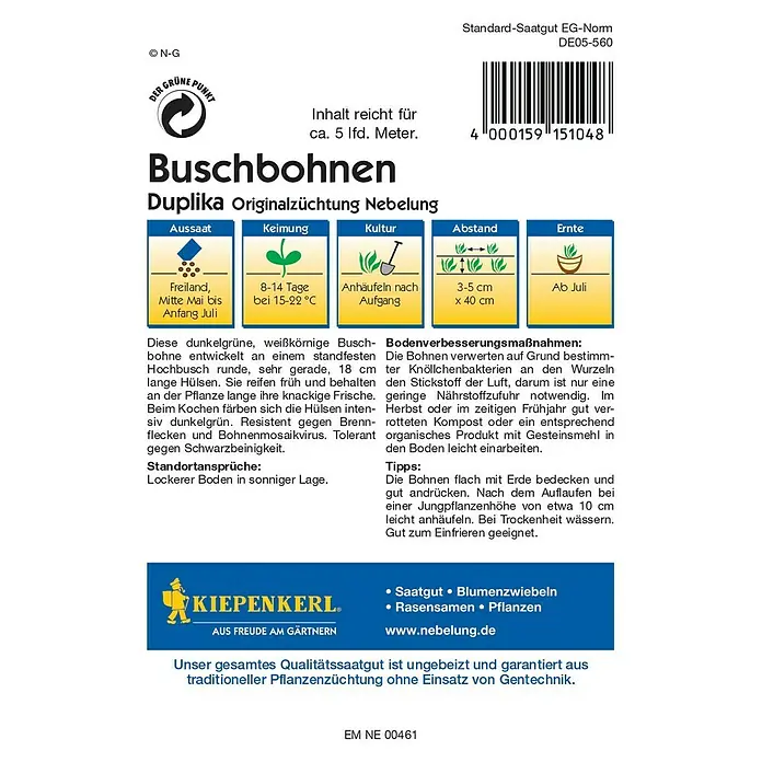 Kiepenkerl Gemüsesamen Buschbohne - Duplika, Phaseolus vulgaris var. nanus, Erntezeit: Juli - Rückansicht