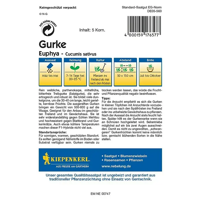 Kiepenkerl Profi-Line Gemüsesamen Salatgurke - Euphya, Cucumis sativus, Erntezeit: Juli - Rückansicht