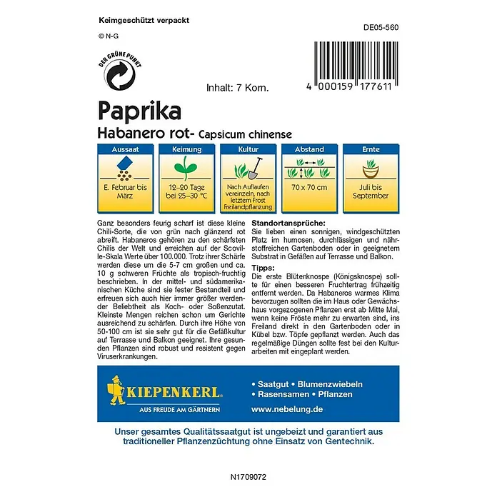 Kiepenkerl Profi-Line Gemüsesamen Chili Habanero - Capsicum chinense, Erntezeit: Juli - Rückansicht